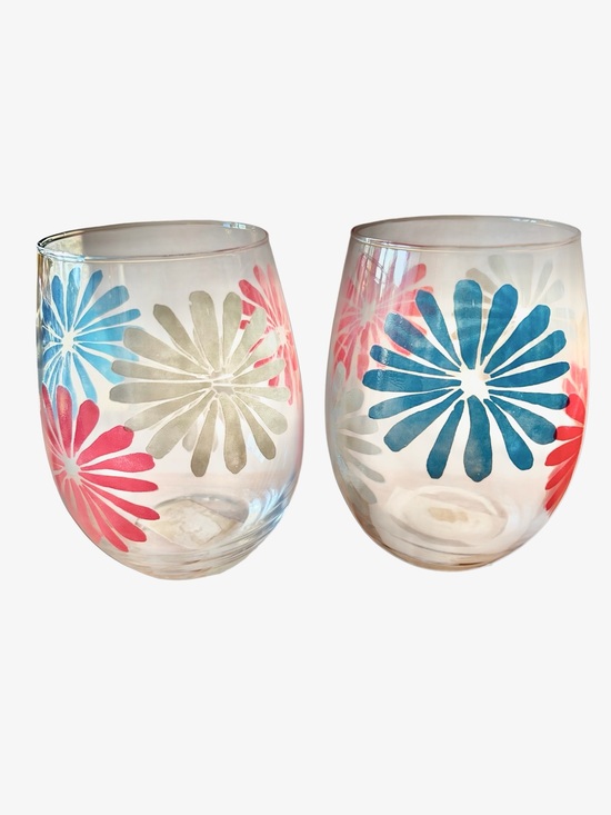 Tag Other - Very Groovy Stemless Glass Tumblers with Red and Blue Floral Design